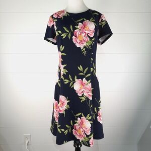 Peony Floral Print Dress Women 16 XL Blue Pink Green Fit Flare Midi Office Party